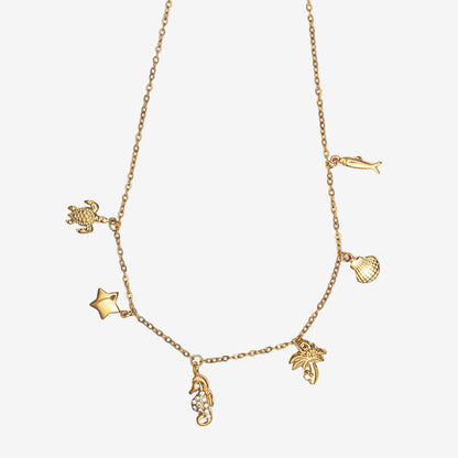 OCEAN CHARMS NECKLACE - 18k Stainless Steel. Turtle Starfish seahore palm tree shell and fish charms Minimalistic