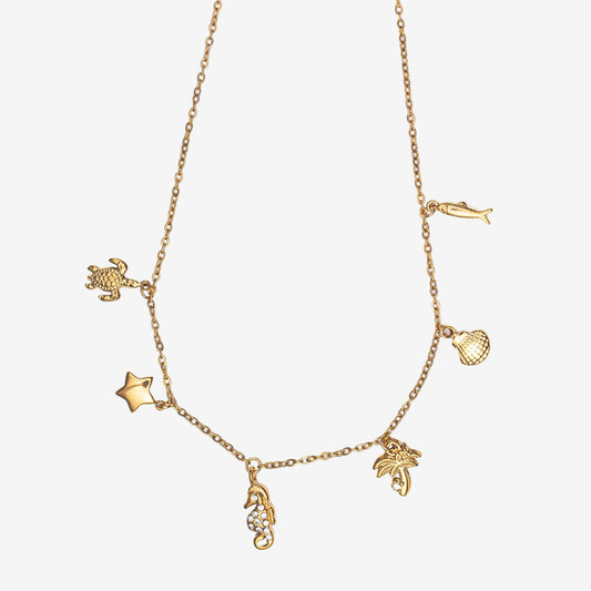 OCEAN CHARMS NECKLACE - 18k Stainless Steel. Turtle Starfish seahore palm tree shell and fish charms Minimalistic