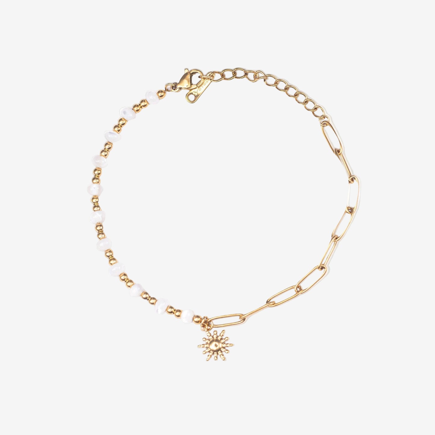 Gold bracelet with a sunflower charm on a white background. Stainless steel waterproof sheel beads, Stainless steel 18k PVD Gold Plated. Waterproof jewellery. Australian jewellery. ocean inspired jewellery.