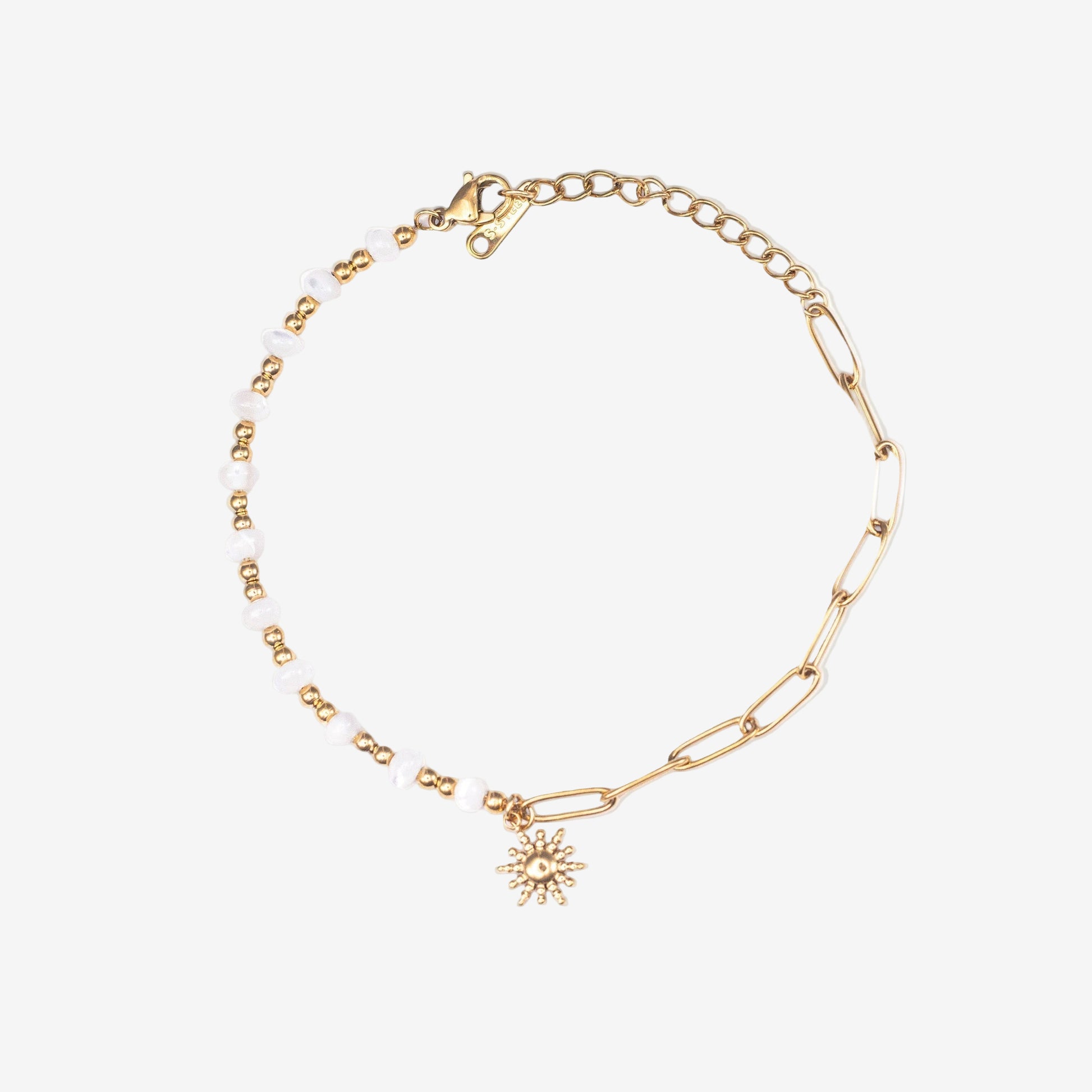 Gold bracelet with a sunflower charm on a white background. Stainless steel waterproof sheel beads, Stainless steel 18k PVD Gold Plated. Waterproof jewellery. Australian jewellery. ocean inspired jewellery.