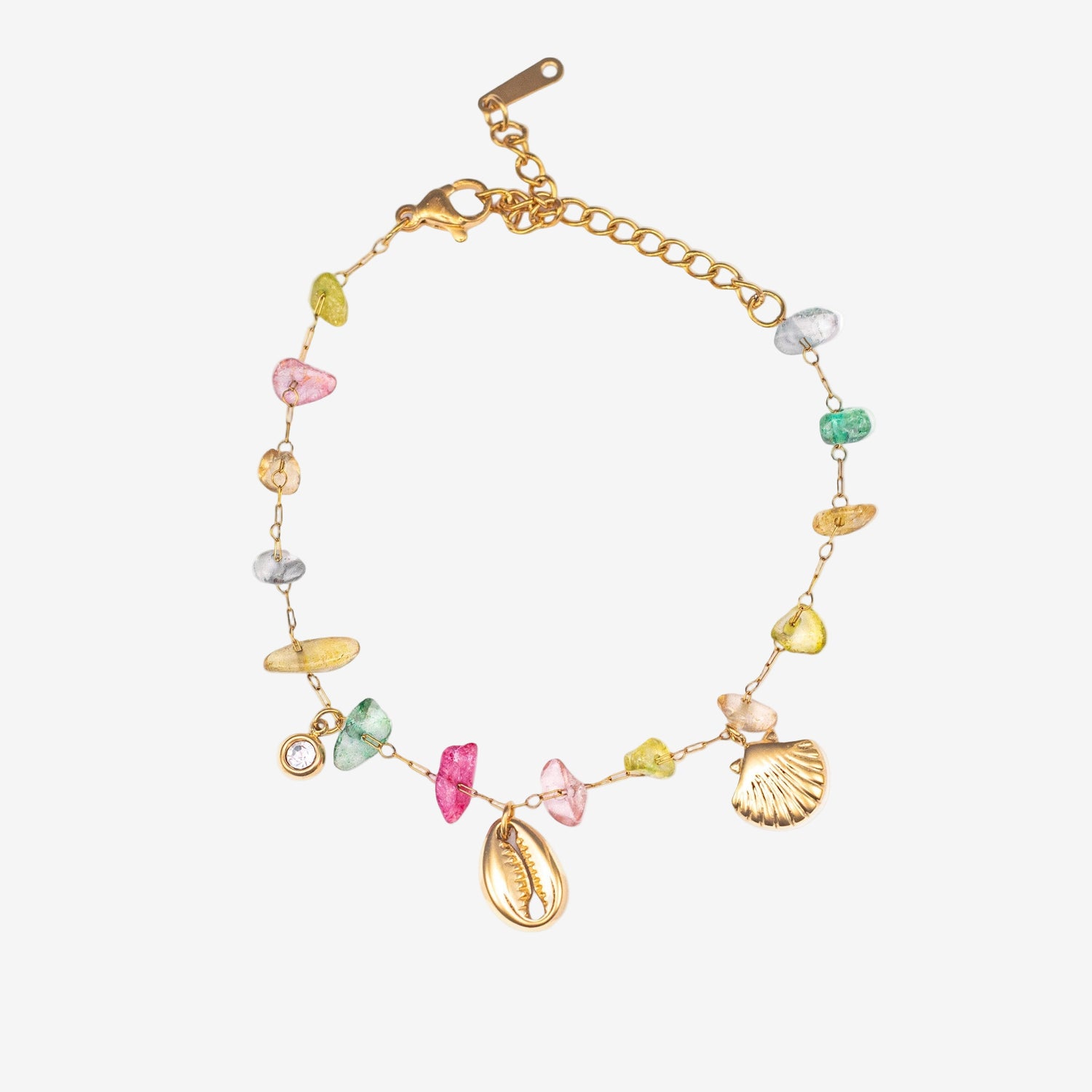 Gold bracelet with natural colourful stones.  Stainless steel waterproof sheel beads, Stainless steel 18k PVD Gold Plated. Waterproof jewellery. Australian jewellery. ocean inspired jewellery.